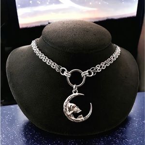 Double chain moon skull Necklace stainless steel cable link chain boho goth